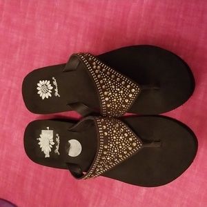 Yellow Box brown wedge flip flops with rhinestones